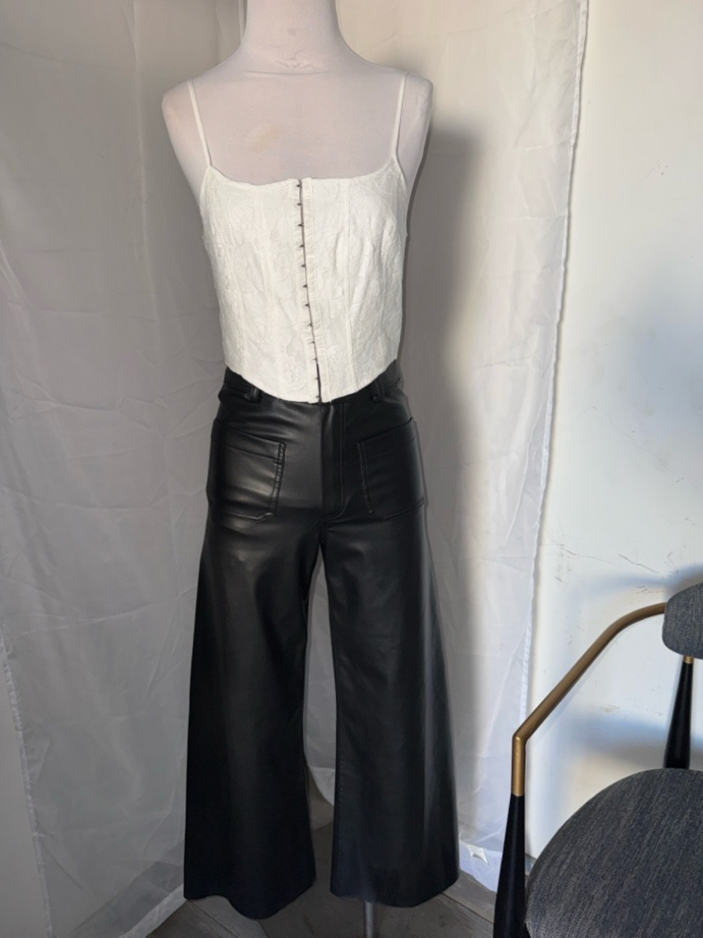Zara Black Faux Leather Wide-Leg Culotte Pants + corset nwt